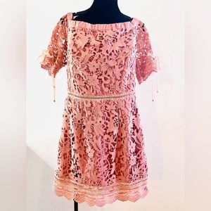 Mini lace dress. Dusty Rose color. Boat neckline.